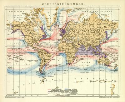 Meeresströmungen historische Landkarte Lithographie ca. 1912