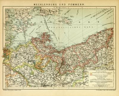 Mecklenburg und Pommern historische Landkarte Lithographie ca. 1904