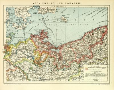 Mecklenburg und Pommern historische Landkarte Lithographie ca. 1909
