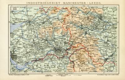 Industriegebiet Manchester - Leeds historische Landkarte Lithographie ca. 1907