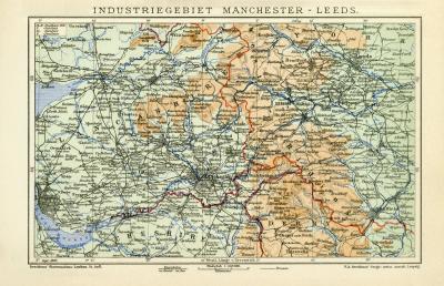 Industriegebiet Manchester - Leeds historische Landkarte Lithographie ca. 1909