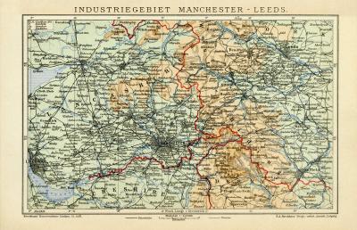 Industriegebiet Manchester - Leeds historische Landkarte Lithographie ca. 1910