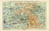 Industriegebiet Manchester - Leeds historische Landkarte Lithographie ca. 1912