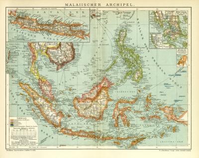 Malaiischer Archipel historische Landkarte Lithographie ca. 1910