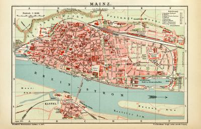 Mainz historischer Stadtplan Karte Lithographie ca. 1904