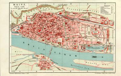 Mainz Stadtplan Lithographie 1905 Original der Zeit