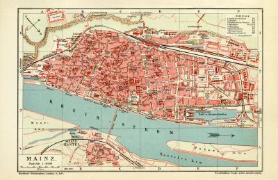 Mainz historischer Stadtplan Karte Lithographie ca. 1909