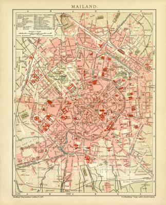 Mailand historischer Stadtplan Karte Lithographie ca. 1904