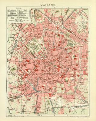 Mailand Stadtplan Lithographie 1912 Original der Zeit