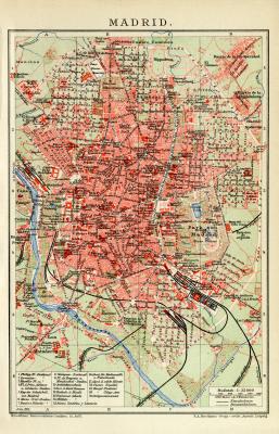 Madrid historischer Stadtplan Karte Lithographie ca. 1911