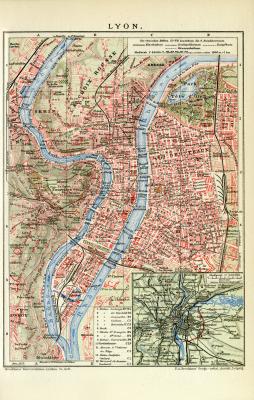 Lyon historischer Stadtplan Karte Lithographie ca. 1912