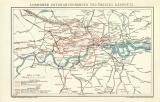 Londoner Untergrundbahnen und übriges Bahnnetz historische Landkarte Lithographie ca. 1905