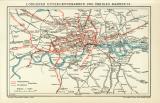 Londoner Untergrundbahnen und übriges Bahnnetz historische Landkarte Lithographie ca. 1912