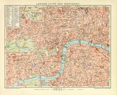 London City und Westend historischer Stadtplan Karte Lithographie ca. 1902