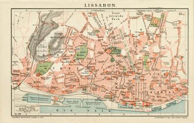 Lissabon historischer Stadtplan Karte Lithographie ca. 1900