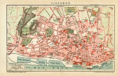 Lissabon Stadtplan Lithographie 1904 Original der Zeit