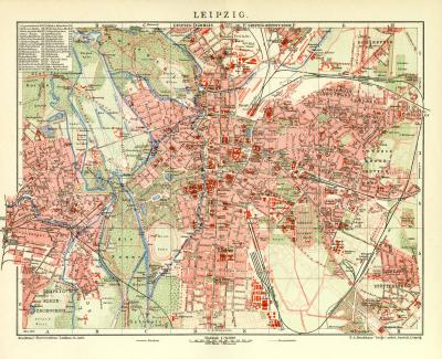 Leipzig Stadtplan Lithographie 1910 Original der Zeit