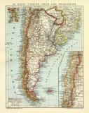 La Plata - Staaten Chile und Patagonien historische Landkarte Lithographie ca. 1908