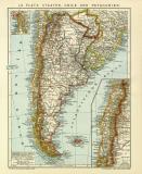 La Plata - Staaten Chile und Patagonien historische Landkarte Lithographie ca. 1912