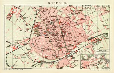 Krefeld Stadtplan Lithographie 1912 Original der Zeit