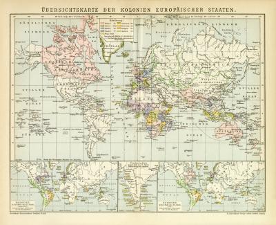 Übersichtskarte der Kolonien Europäischer Staaten historische Landkarte Lithographie ca. 1900