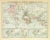 Kolonien Welt Karte Lithographie 1900 Original der Zeit