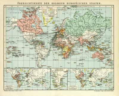 Übersichtskarte der Kolonien Europäischer Staaten historische Landkarte Lithographie ca. 1908