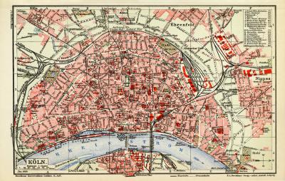 Köln historischer Stadtplan Karte Lithographie ca. 1909
