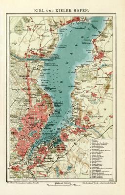 Kiel und Kieler Förde historischer Stadtplan Karte Lithographie ca. 1905