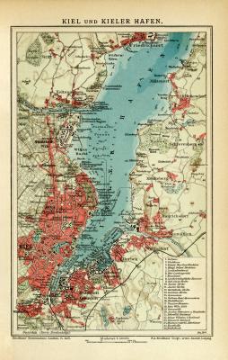 Kiel und Kieler Förde historischer Stadtplan Karte Lithographie ca. 1907