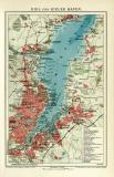 Kiel und Kieler Förde historischer Stadtplan Karte Lithographie ca. 1912