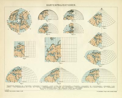 Kartenprojektionen historische Landkarte Lithographie ca. 1911