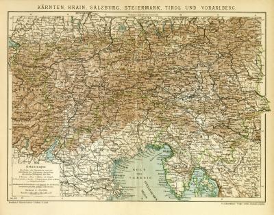 Kärnten Krain Salzburg Steiermark Tirol und Vorarlberg historische Landkarte Lithographie ca. 1905
