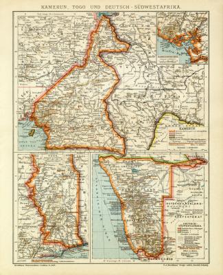 Kamerun Togo und Deutsch - Südwestafrika historische Landkarte Lithographie ca. 1908