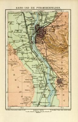 Kairo und die Pyramidenfelder historischer Stadtplan Karte Lithographie ca. 1904