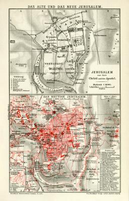 Das alte und das neue Jerusalem historischer Stadtplan Karte Lithographie ca. 1906