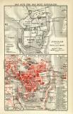 Das alte und das neue Jerusalem historischer Stadtplan Karte Lithographie ca. 1909
