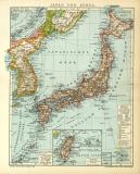 Japan und Korea Karte Lithographie 1908 Original der Zeit