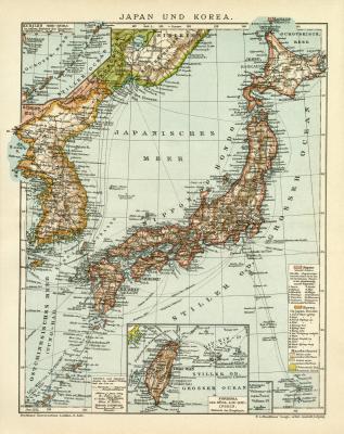 Japan und Korea historische Landkarte Lithographie ca. 1912