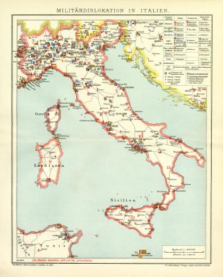 Militärdislokation in Italien historische Militärkarte Lithographie ca. 1909