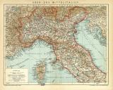 Ober-  und Mittelitalien historische Landkarte Lithographie ca. 1909