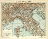 Ober-  und Mittelitalien historische Landkarte Lithographie ca. 1912