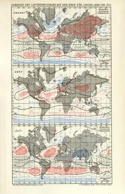 Isobaren und Luftbewegungen auf der Erde für Januar, Jahr und Juli historische Landkarte Lithographie ca. 1902