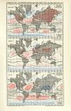 Isobaren und Luftbewegungen auf der Erde für Januar, Jahr und Juli historische Landkarte Lithographie ca. 1902