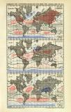 Isobaren und Luftbewegungen auf der Erde für Januar, Jahr und Juli historische Landkarte Lithographie ca. 1908
