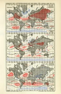 Isobaren und Luftbewegungen auf der Erde für Januar, Jahr und Juli historische Landkarte Lithographie ca. 1912