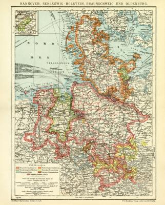 Hannover Schleswig-Holstein Braunschweig und Oldenburg historische Landkarte Lithographie ca. 1909