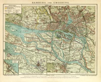 Hamburg und Umgebung historischer Stadtplan Karte Lithographie ca. 1902
