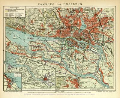 Hamburg und Umgebung historischer Stadtplan Karte Lithographie ca. 1907