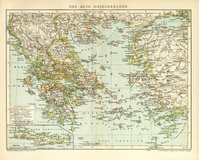 Das Alte Griechenland historische Landkarte Lithographie ca. 1900